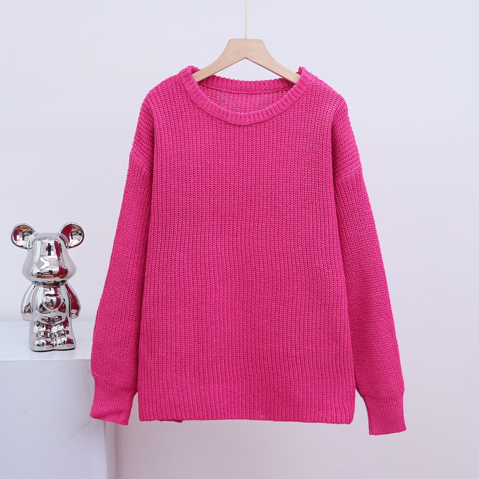 Loose-fit Crew-neck Solid-color Long-sleeve Knit Cardigan view 4
